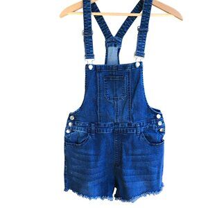 American Bazi Blue Denim Overall Shorts, Slightly Distressed Fringy Hems Size L